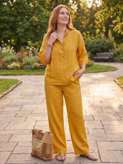 Larui Plus Size Women's V-Neck Button-Detail Casual Linen Set