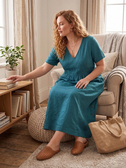 Larui Plus Size Women's Linen Pocket Dress