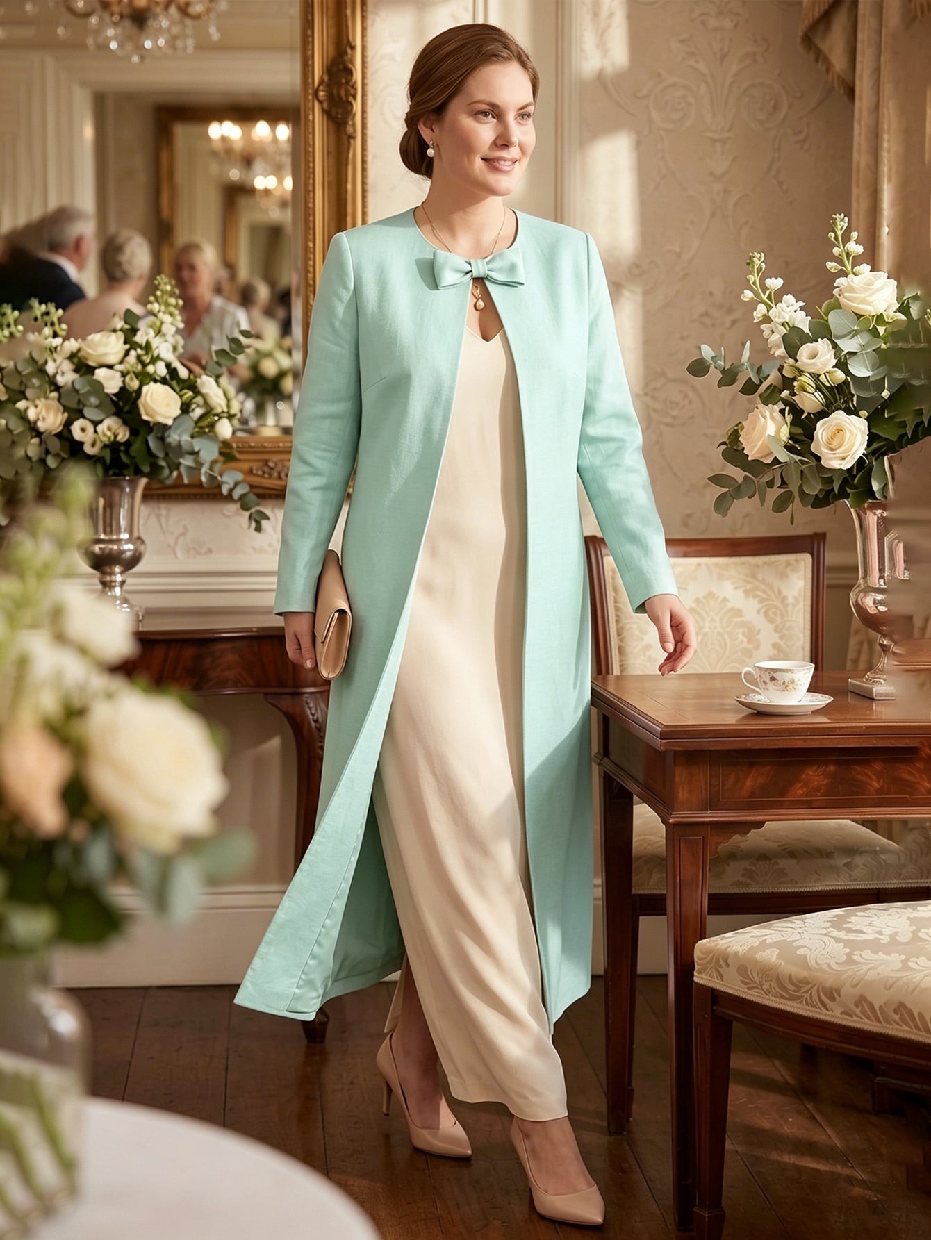 Larui Plus Size Women's Bow-Knot Wedding Long LinenCoat
