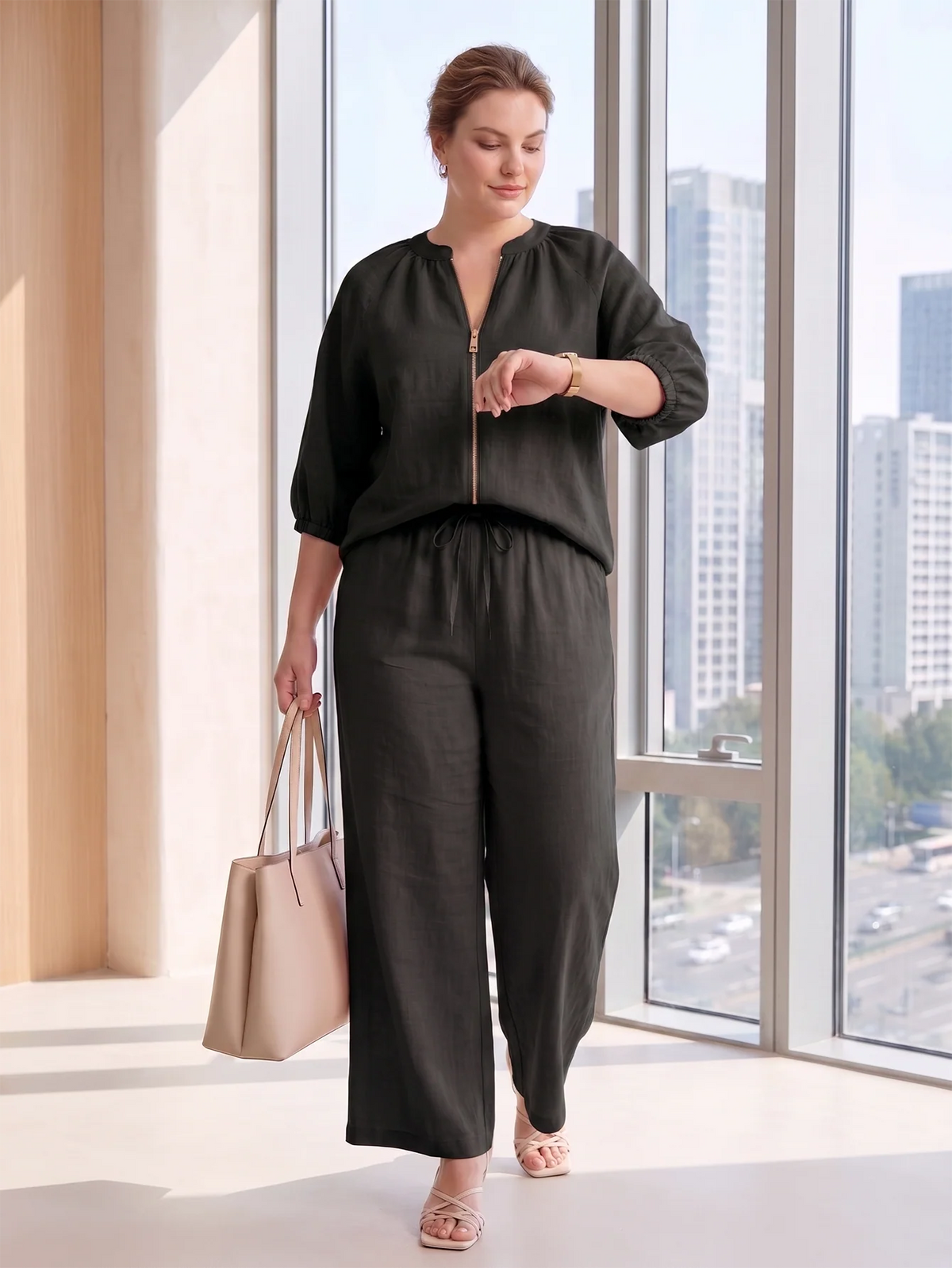 Larui Plus Size Women's Three-Quarter Sleeve Top and Pants Two-Piece Linen Set