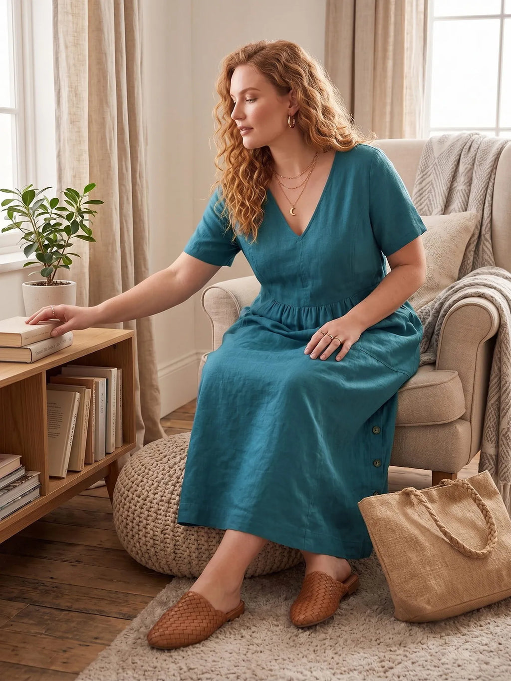 Larui Plus Size Women's Linen Pocket Dress