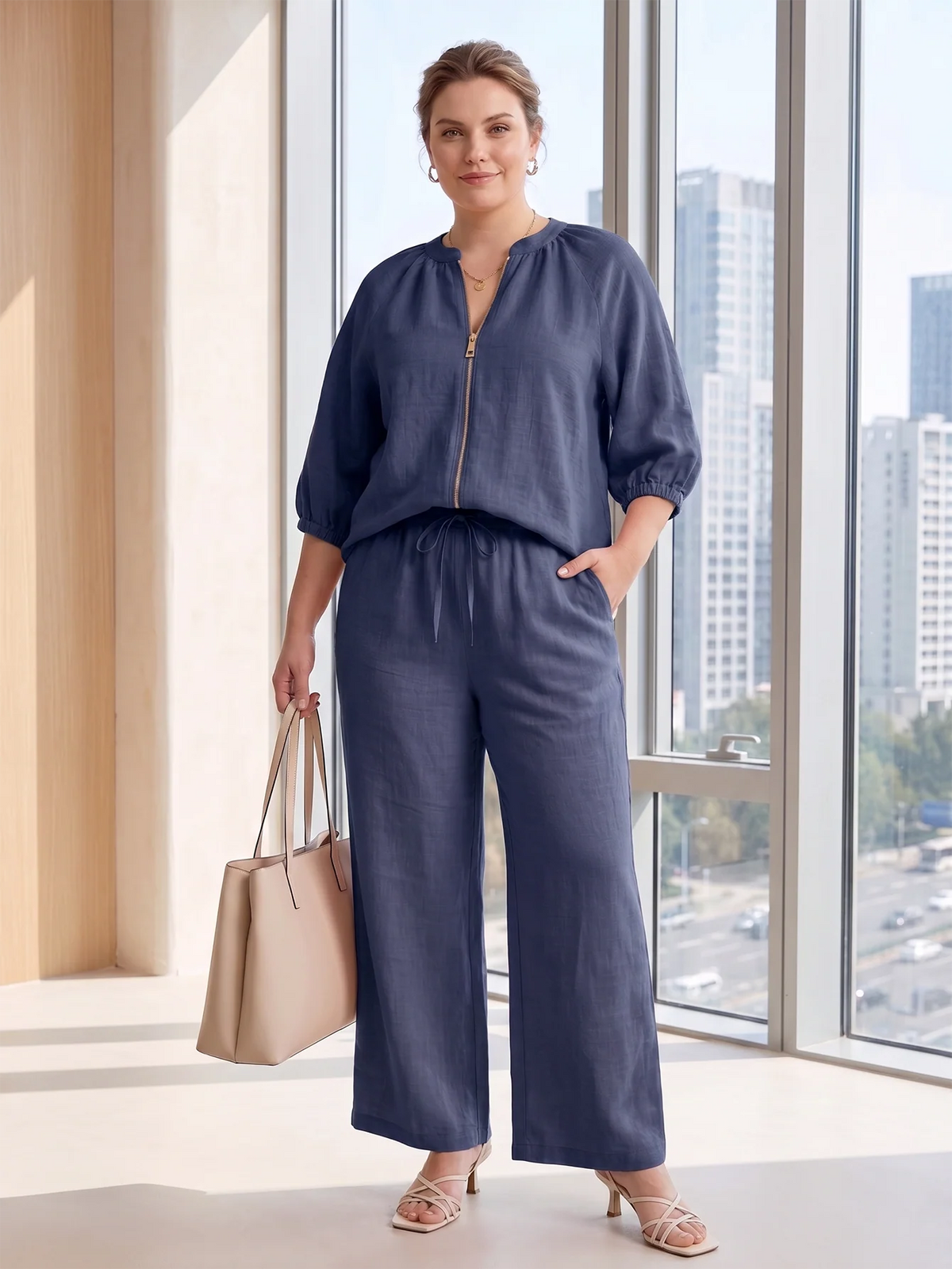 Larui Plus Size Women's Three-Quarter Sleeve Top and Pants Two-Piece Linen Set