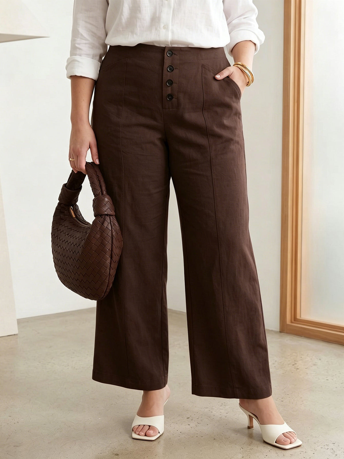 Larui Plus Size Women's Button-Down Wide-Leg Linen  Pants