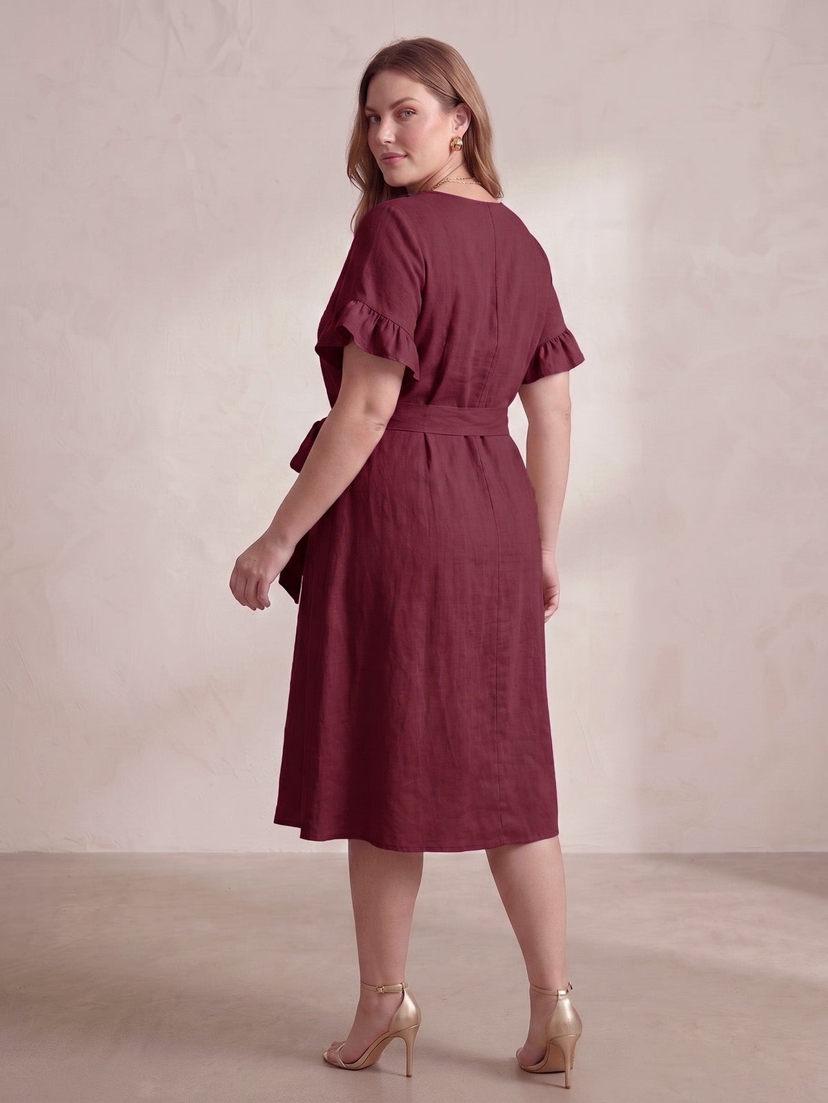 Larui Plus Size Women's Linen Short Sleeves Dress With Belted