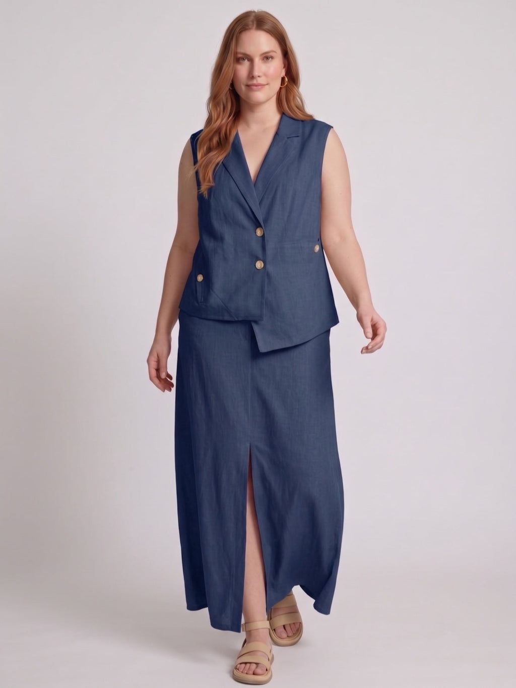 Larui Plus Size Women's LinenSkirt Set (With Asymmetric Hem Tank Top)