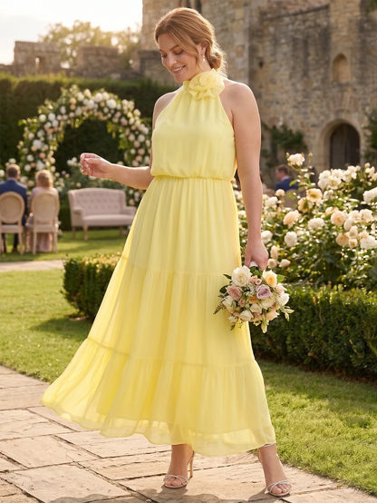 Larui Plus Size Wedding/Vacation A-Line Chiffon Dress With Floral Embellishments