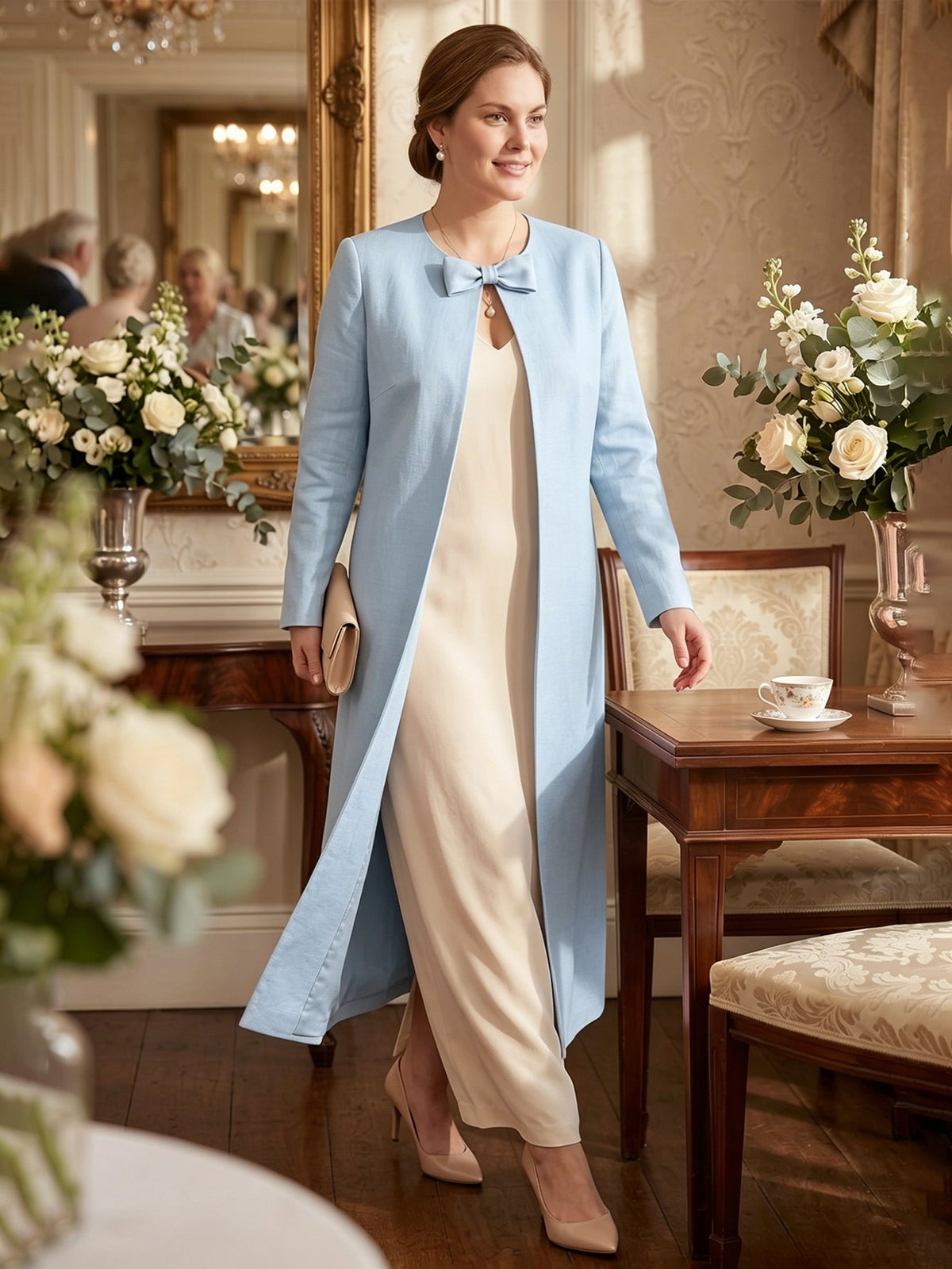 Larui Plus Size Women's Bow-Knot Wedding Long LinenCoat