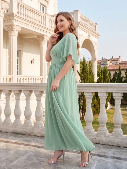 Larui Plus Size Women‘s V-Neck Chiffon Ruffles Sleeves Dress