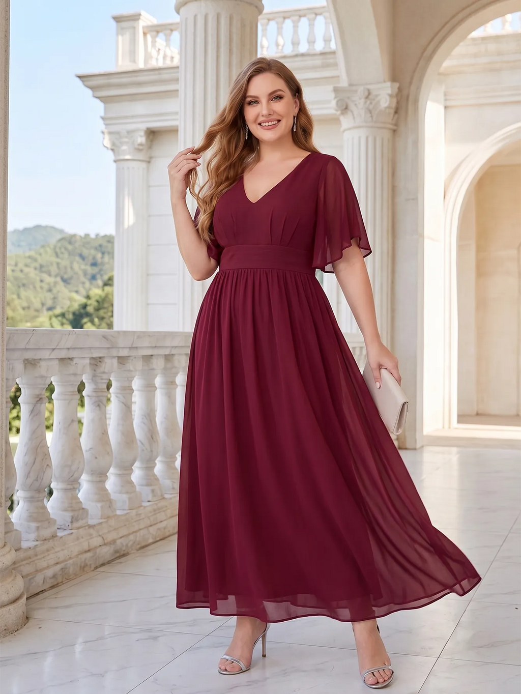 Larui Plus Size Women‘s V-Neck Chiffon Ruffles Sleeves Dress