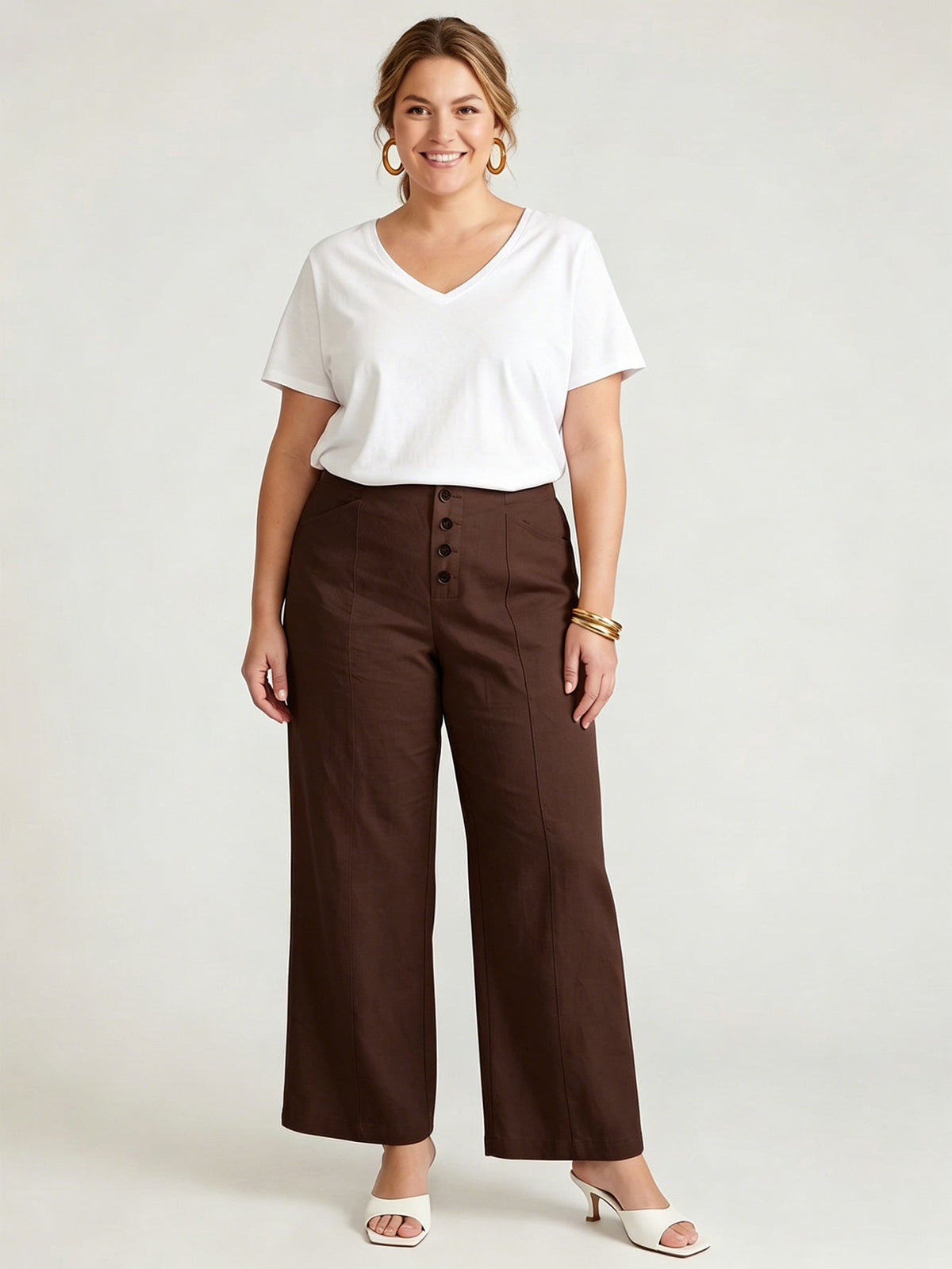 Larui Plus Size Women's Button-Down Wide-Leg Linen  Pants
