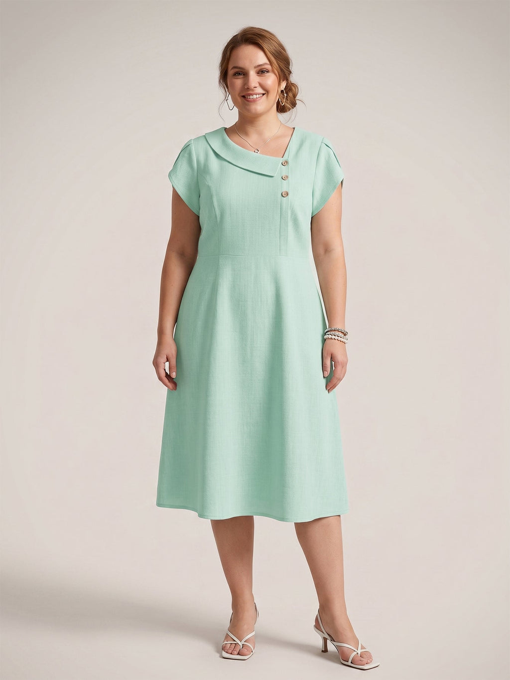 Larui Plus Size Women's Elegant Irregular Collar Linen Pocket Dress