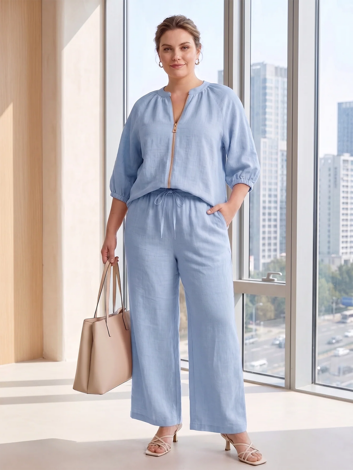 Larui Plus Size Women's Three-Quarter Sleeve Top and Pants Two-Piece Linen Set
