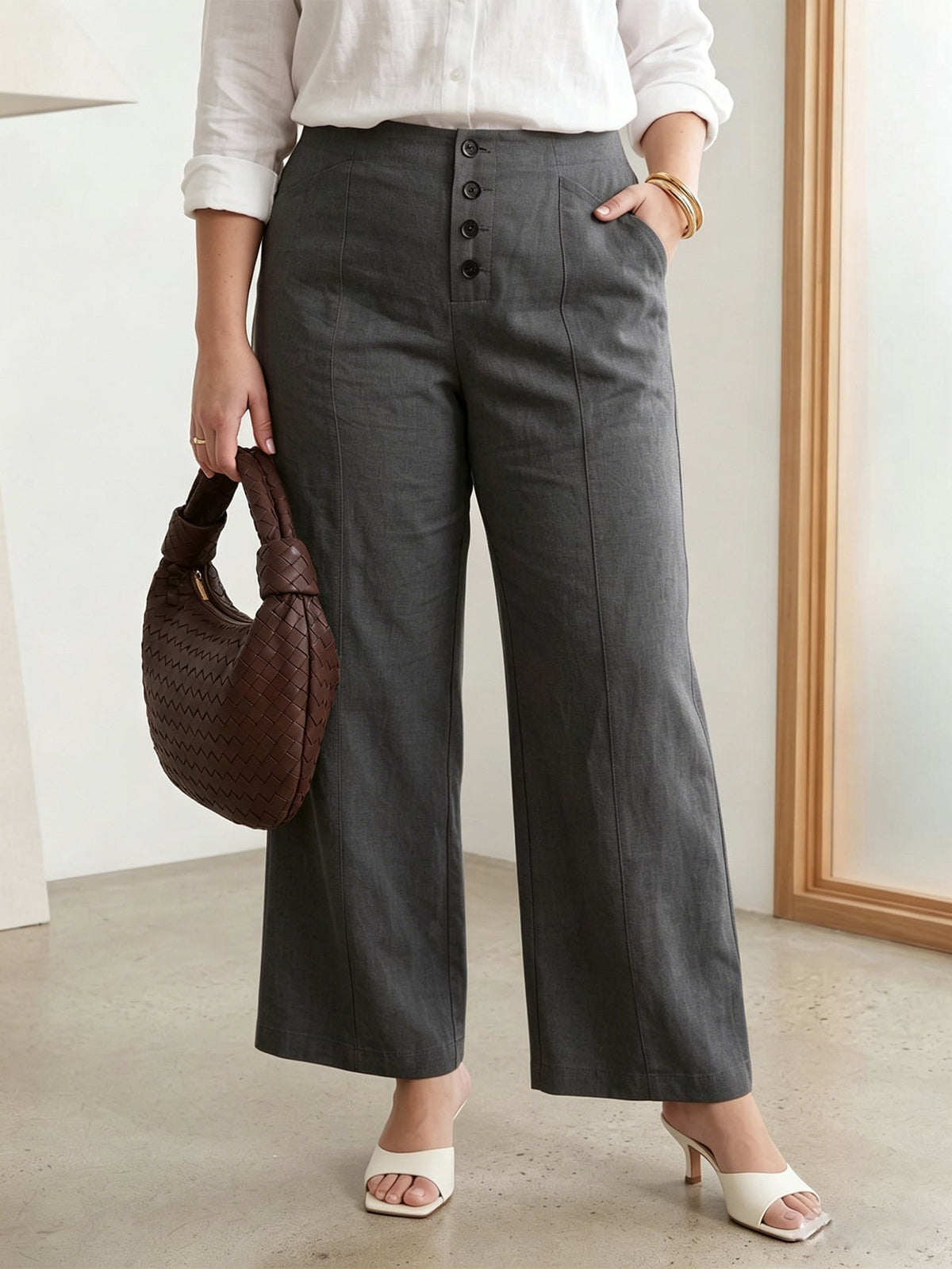 Larui Plus Size Women's ButtonDown Wide-Le-g Linen Pants