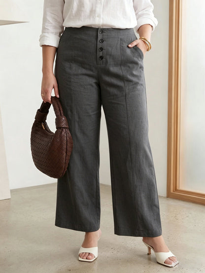 Larui Plus Size Women's Button-Down Wide-Leg Linen  Pants