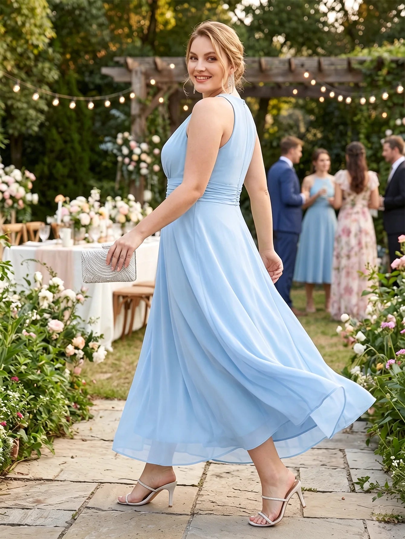 Larui Plus Size Elegant Pleated Chiffon Dress