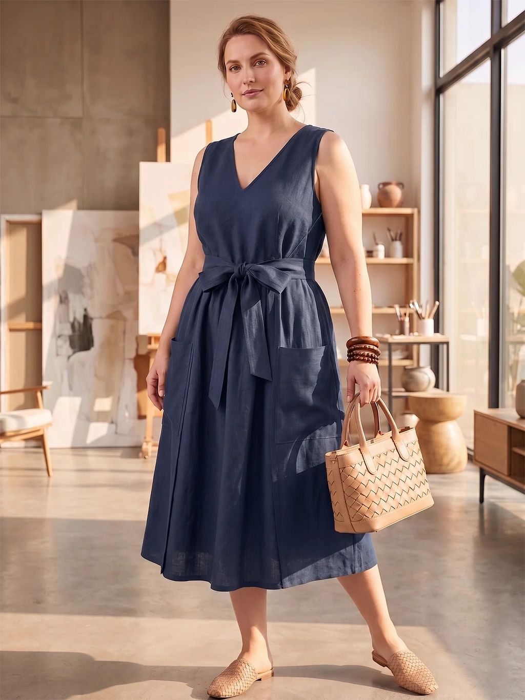 Larui Plus-Size Women's Reversible Open-Front Tie-Up Apron-Style Linen Dress