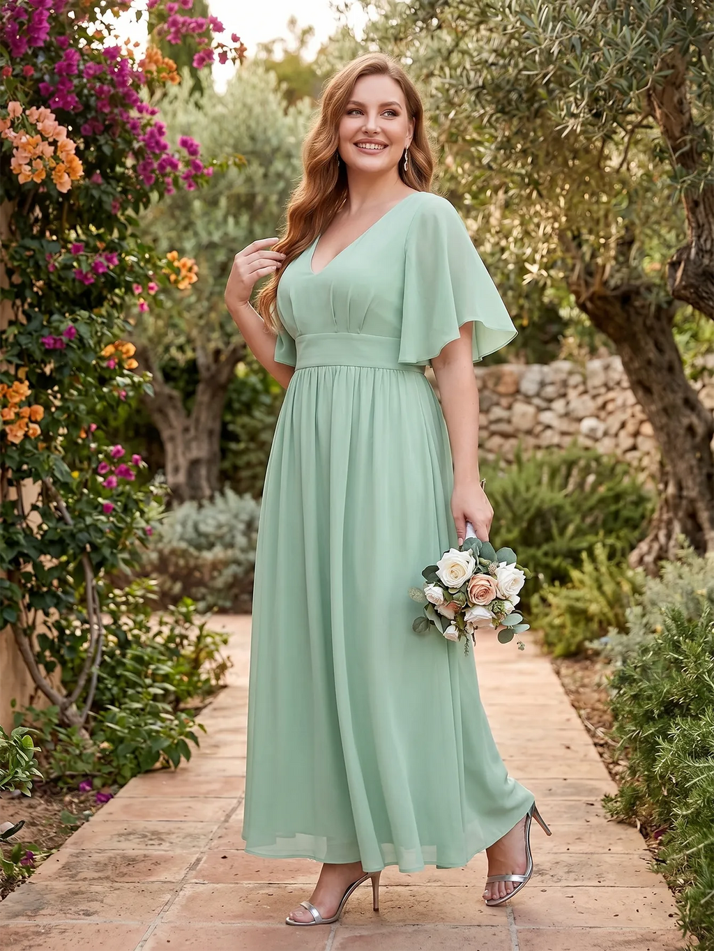 Larui Plus Size Women‘s V-Neck Chiffon Ruffles Sleeves Dress
