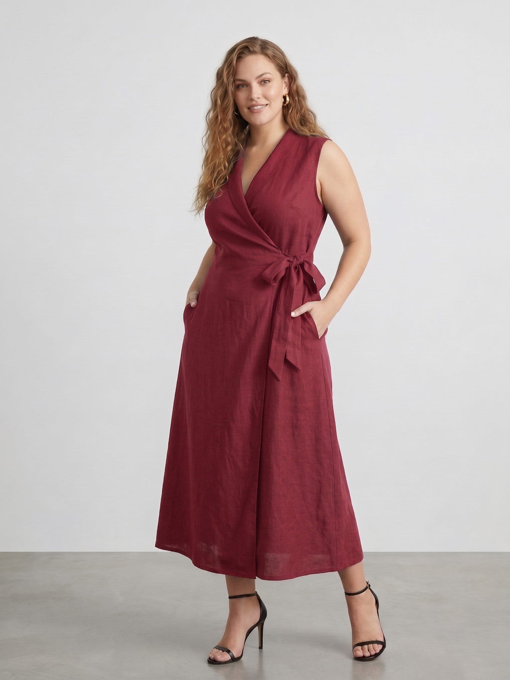 Larui Plus Size Women‘s Linen  V-Neck Sleeveless Dress