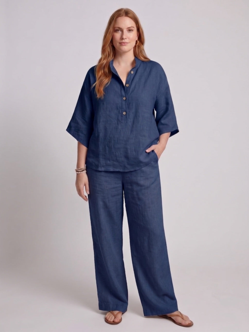 Larui Plus Size Women's V-Neck Button-Detail Casual Linen Set