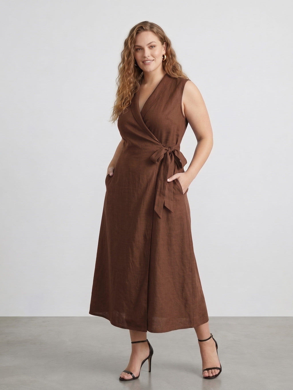 Larui Plus Size Women‘s Linen  V-Neck Sleeveless Dress