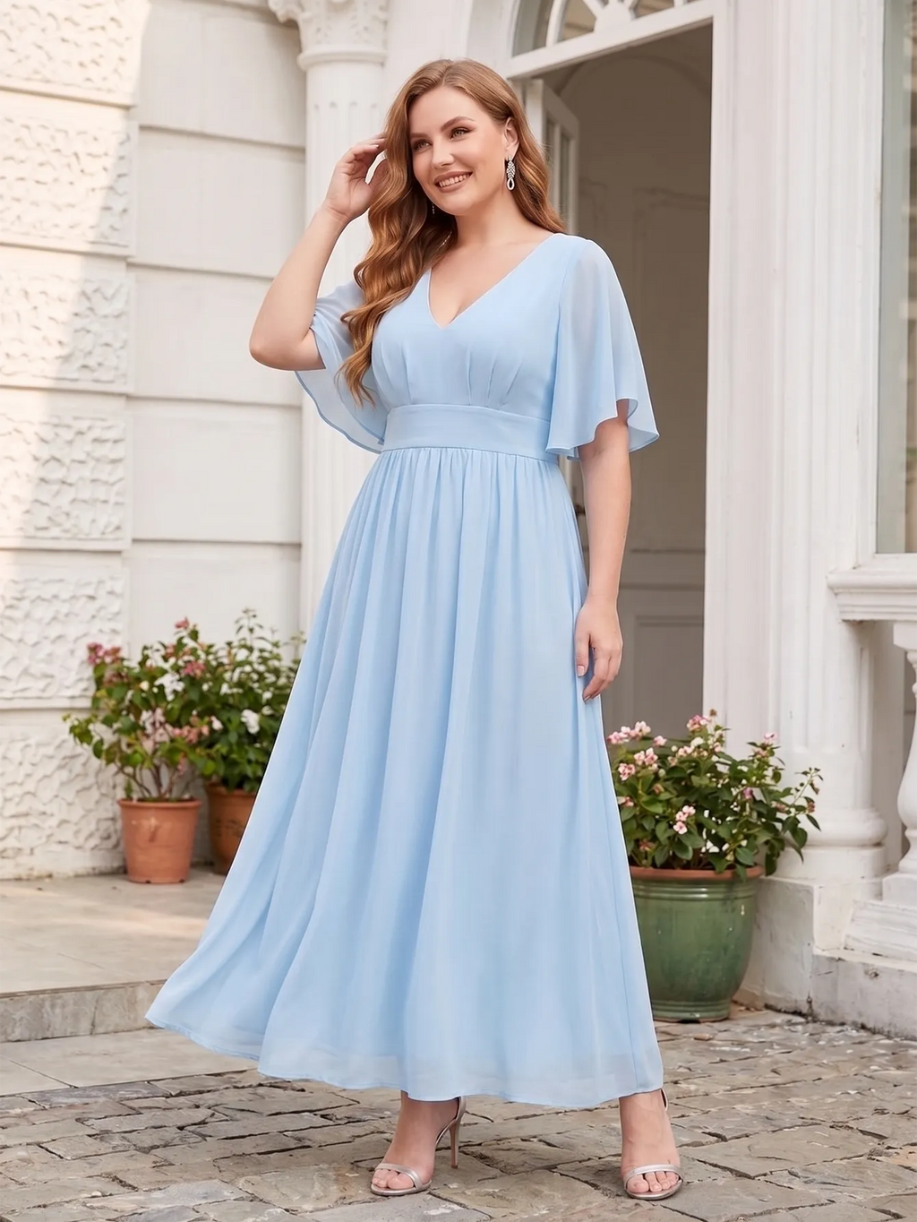 Larui Plus Size Women‘s V-Neck Chiffon Ruffles Sleeves Dress