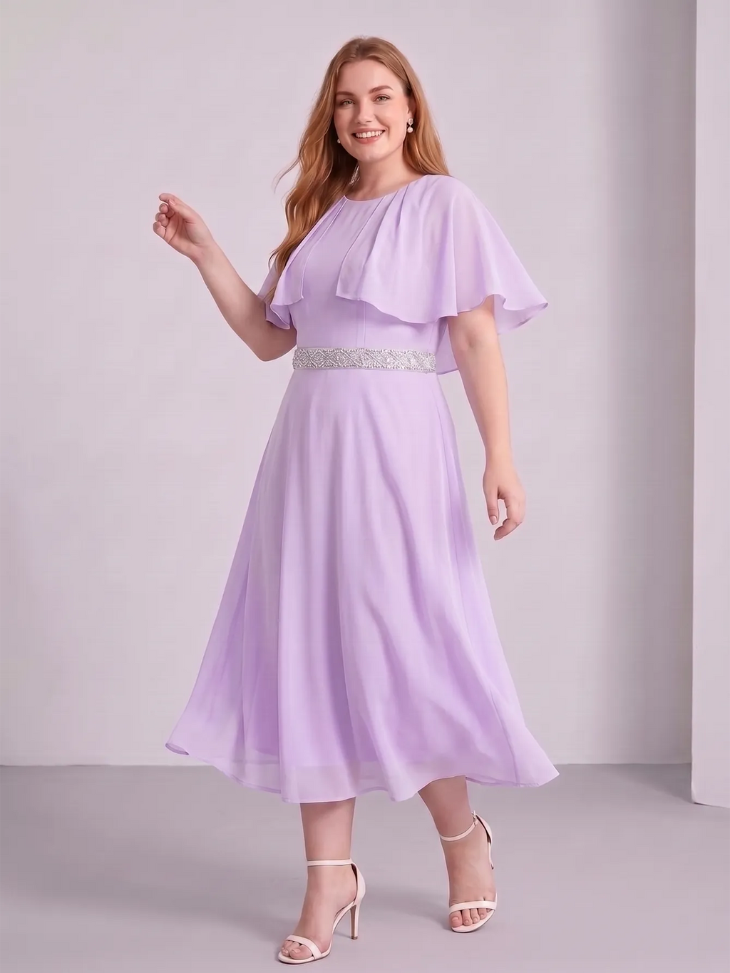 Larui Plus Size Women‘s Cape Sleeves Chiffon Midi Dress