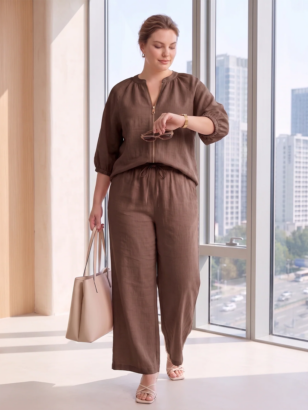 Larui Plus Size Women's Three-Quarter Sleeve Top and Pants Two-Piece Linen Set
