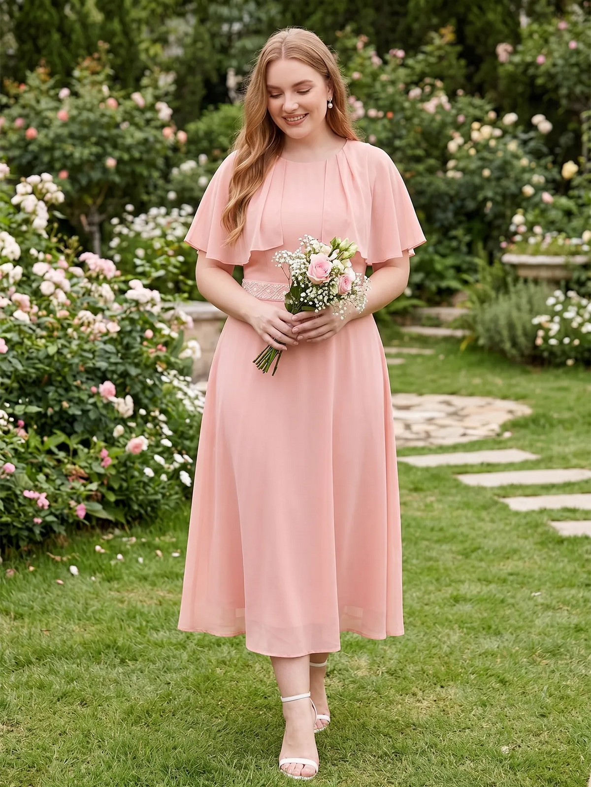 Larui Plus Size Women‘s Cape Sleeves Chiffon Midi Dress
