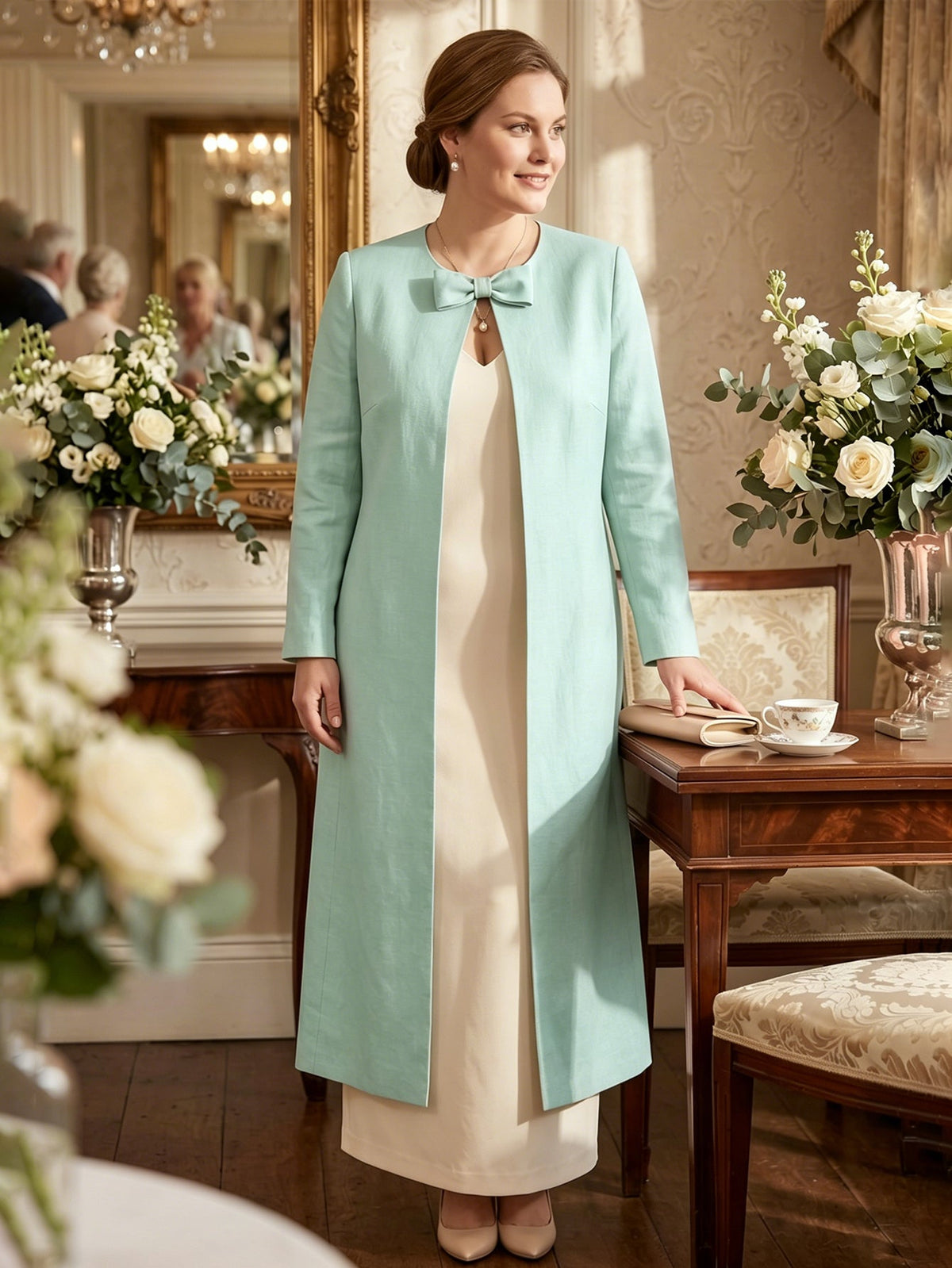 Larui Plus Size Women's Bow-Knot Wedding Long LinenCoat