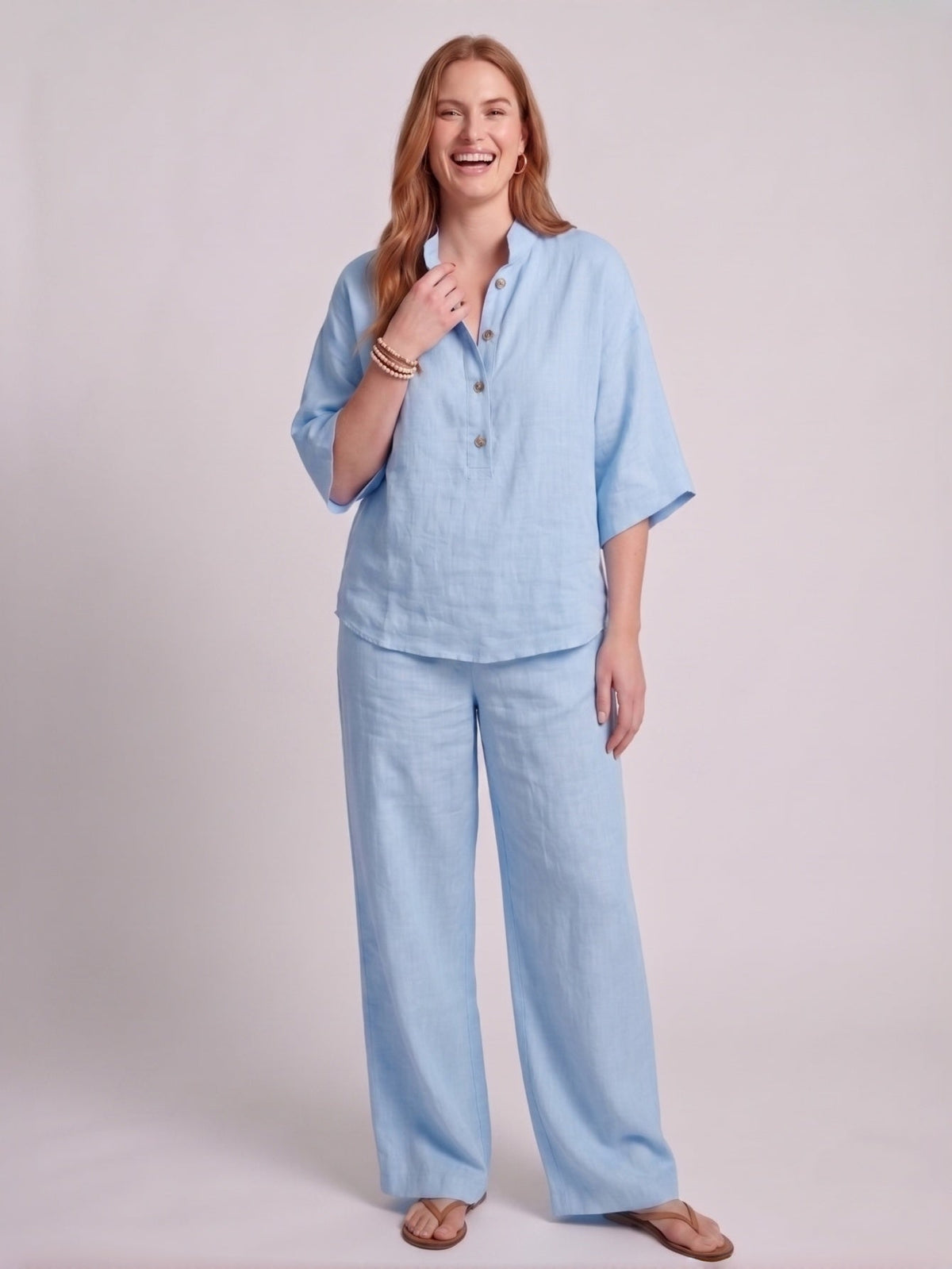 Larui Plus Size Women's V-Neck Button-Detail Casual Linen Set