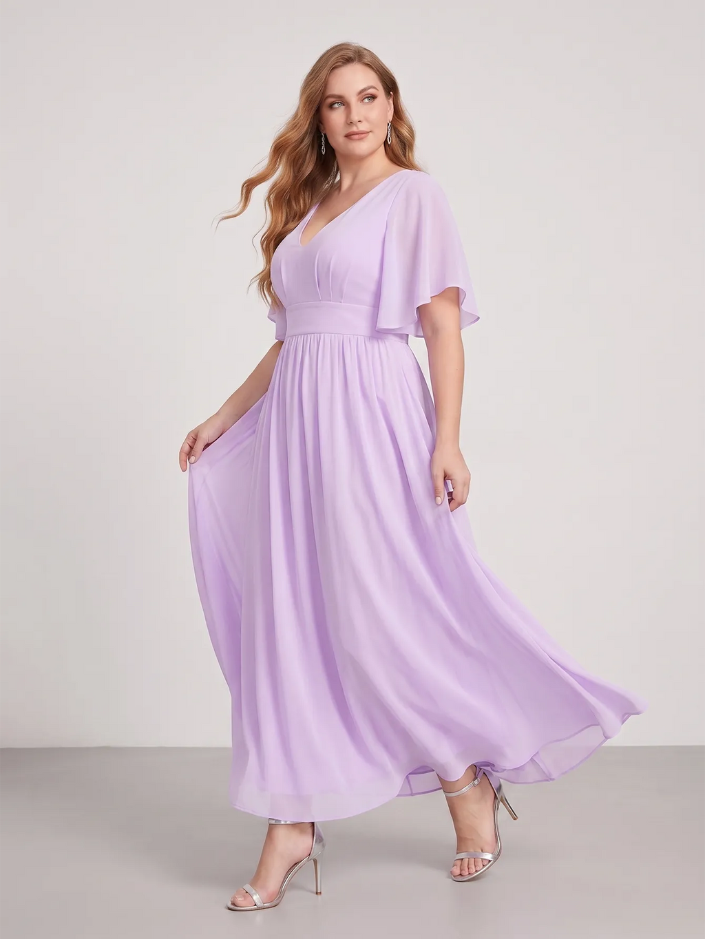 Larui Plus Size Women‘s V-Neck Chiffon Ruffles Sleeves Dress