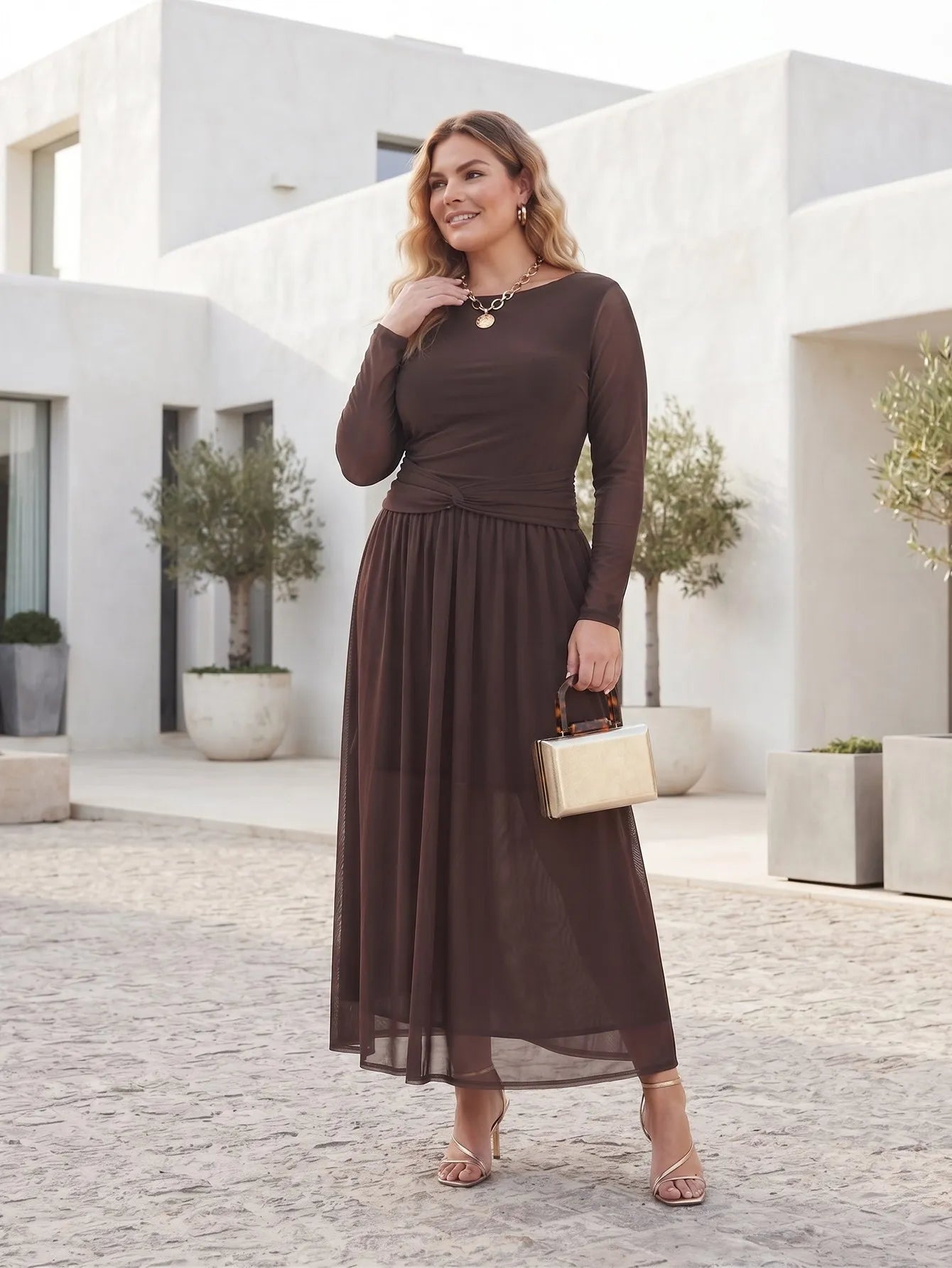 Larui Plus Size Mesh Elegant Long Sleeves Dress