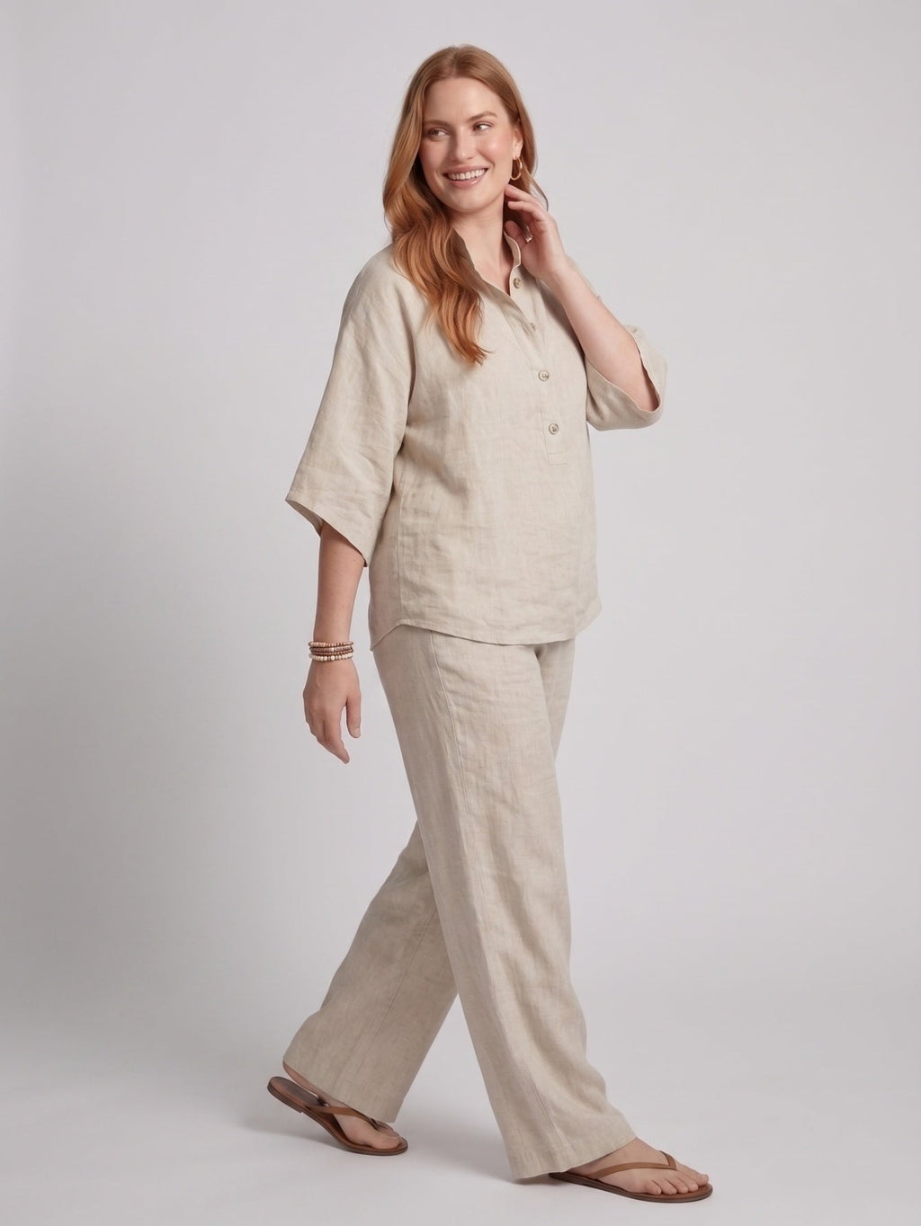 Larui Plus Size Women's V-Neck Button-Detail Casual Linen Set