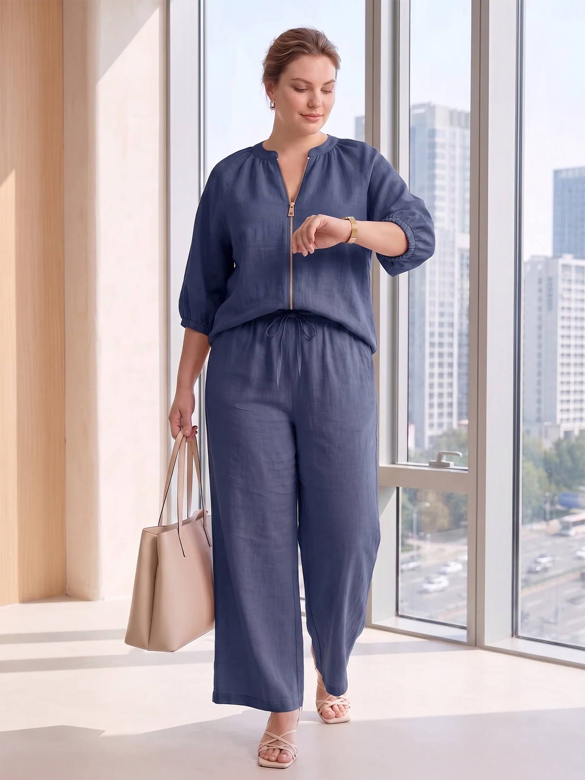Larui Plus Size Women's Three-Quarter Sleeve Top and Pants Two-Piece Linen Set