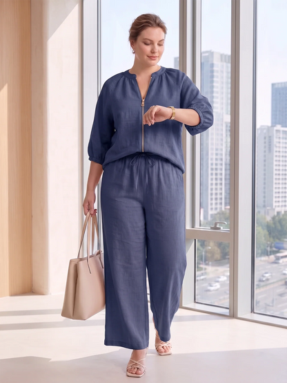 Larui Plus Size Women's Three-Quarter Sleeve Top and Pants Two-Piece Linen Set