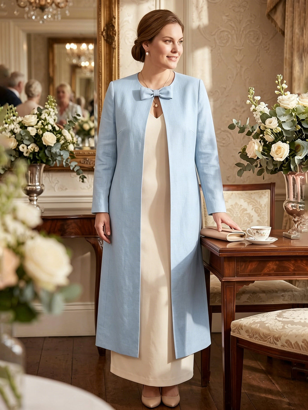 Larui Plus Size Women's Bow-Knot Wedding Long LinenCoat