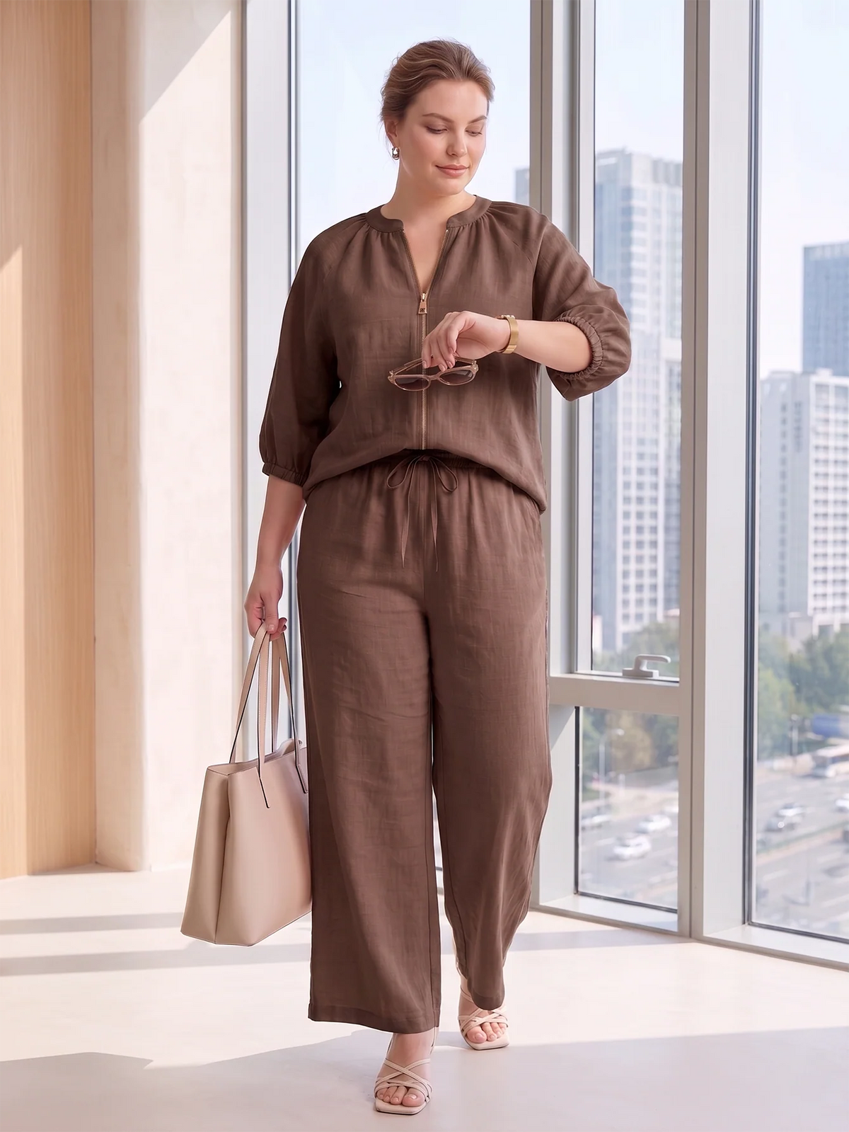 Larui Plus Size Women's Three-Quarter Sleeve Top and Pants Two-Piece Linen Set