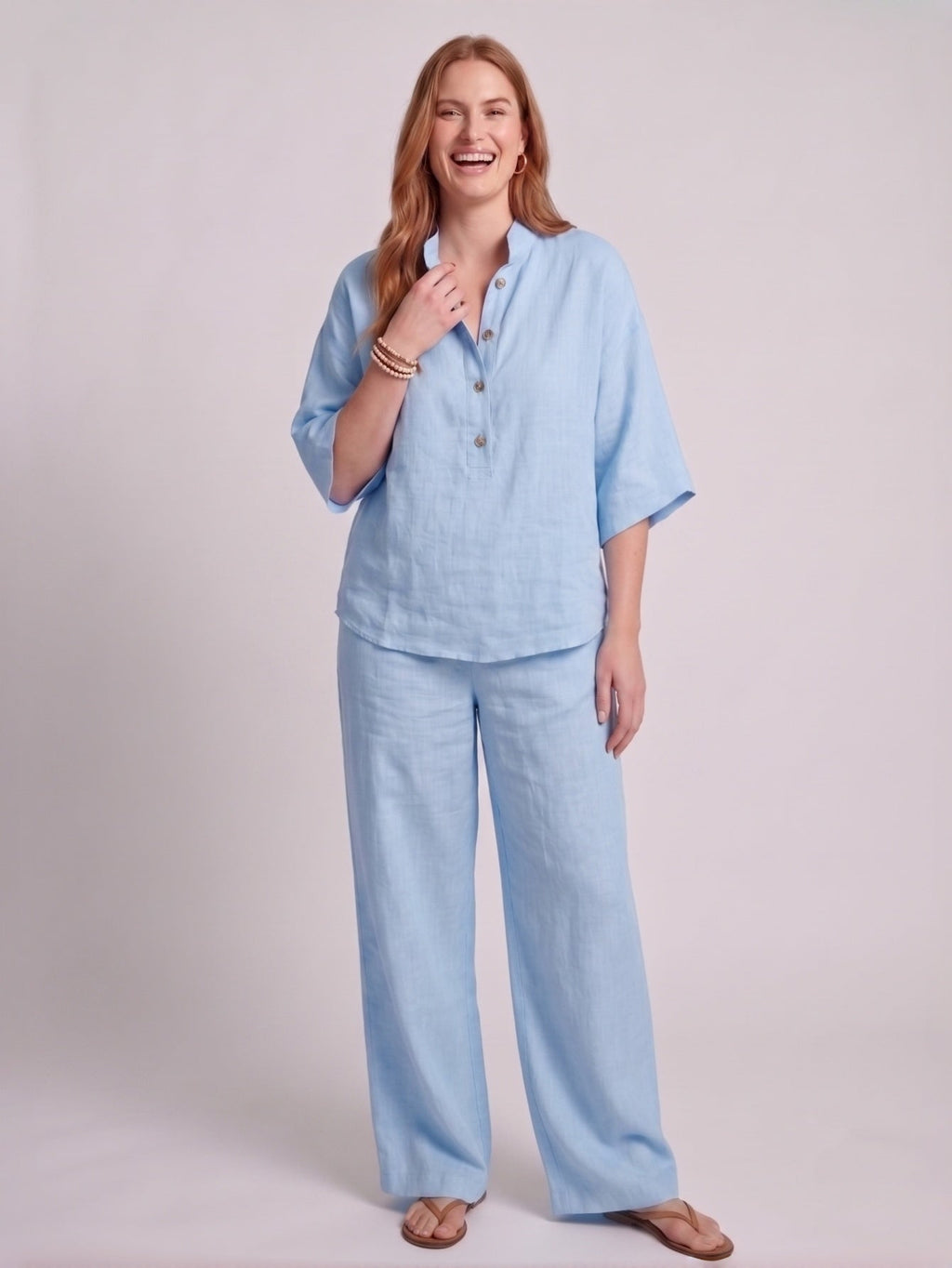 Larui Plus Size Women's V-Neck Button-Detail Casual Linen Set