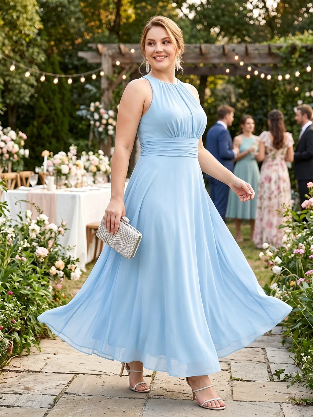 Larui Plus Size Elegant Pleated Chiffon Dress