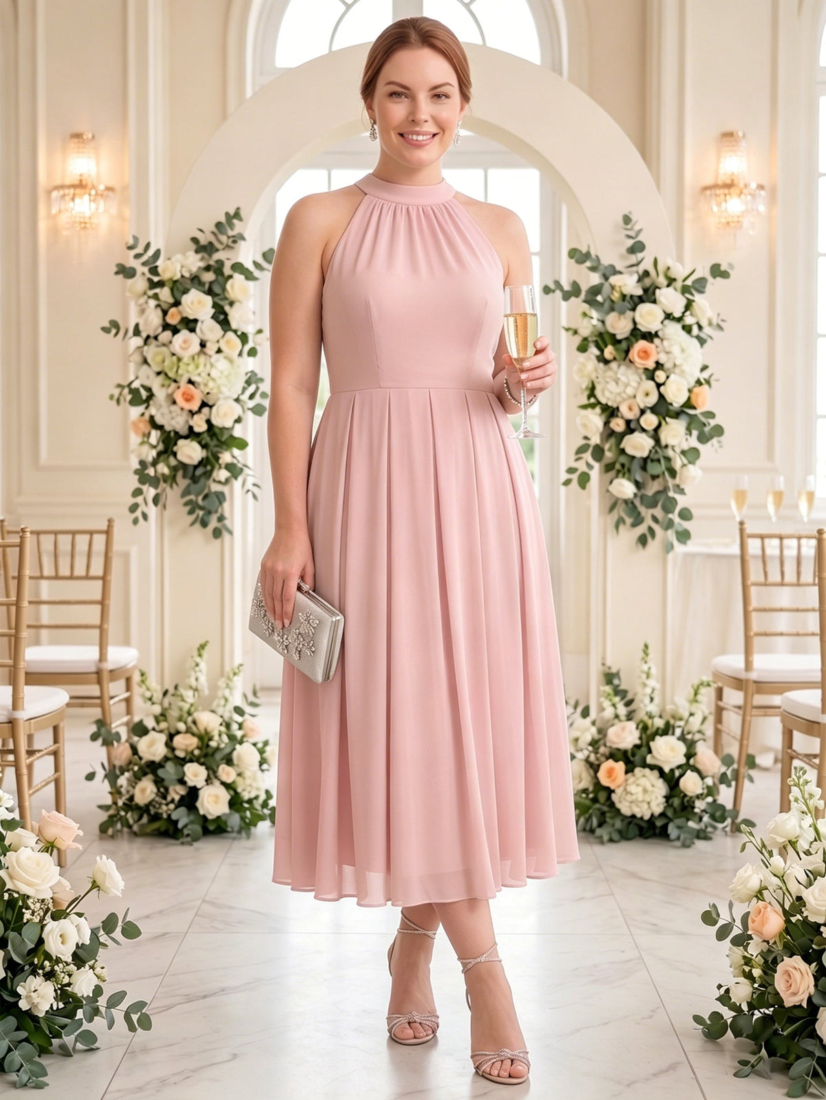 Larui Plus Size Women's Halter Neck Chiffon Dress