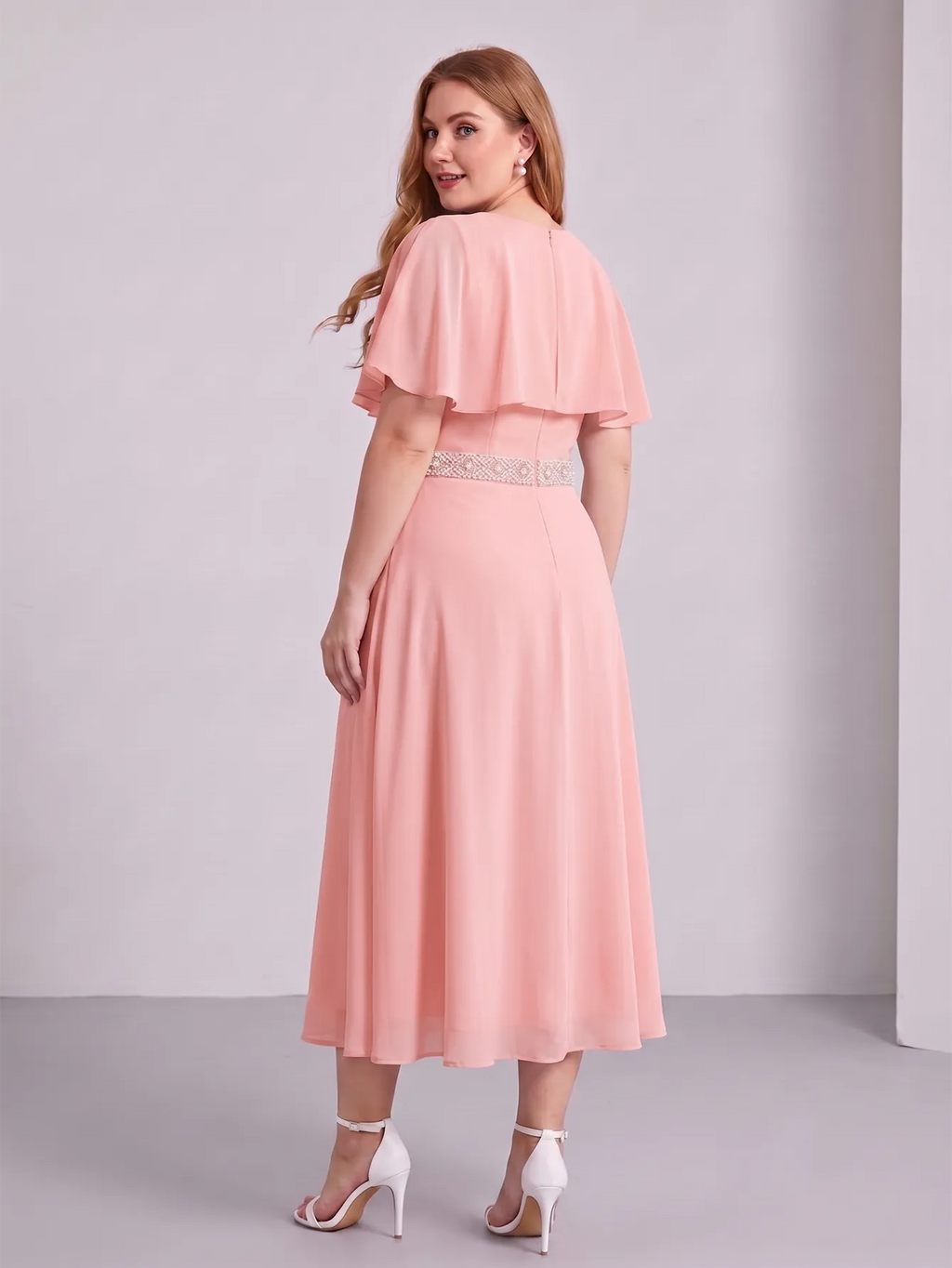 Larui Plus Size Women‘s Cape Sleeves Chiffon Midi Dress