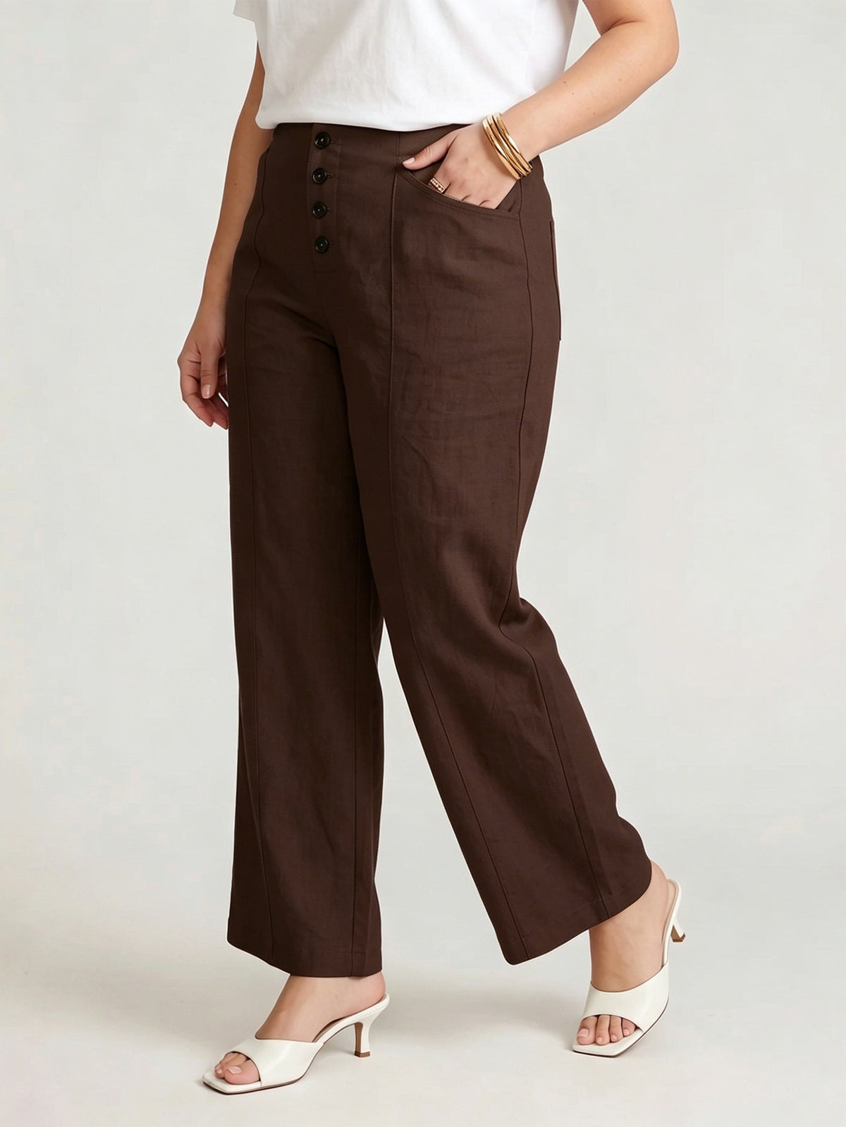 Larui Plus Size Women's Button-Down Wide-Leg Linen  Pants