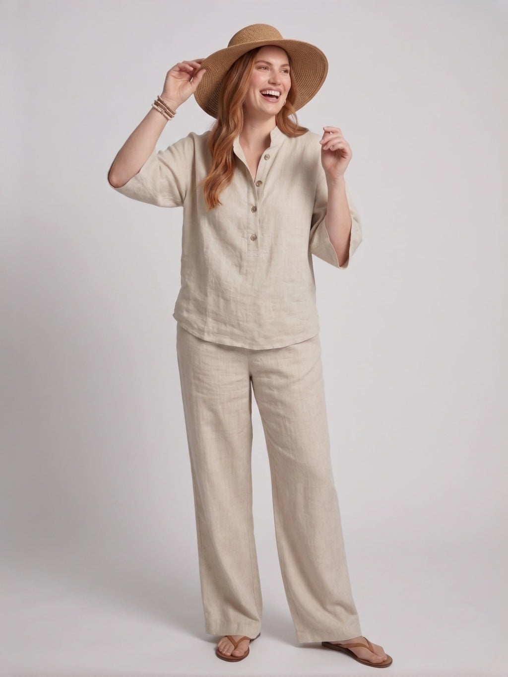 Larui Plus Size Women's V-Neck Button-Detail Casual Linen Set