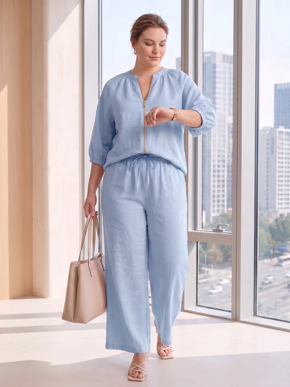 Larui Plus Size Women's Three-Quarter Sleeve Top and Pants Two-Piece Linen Set