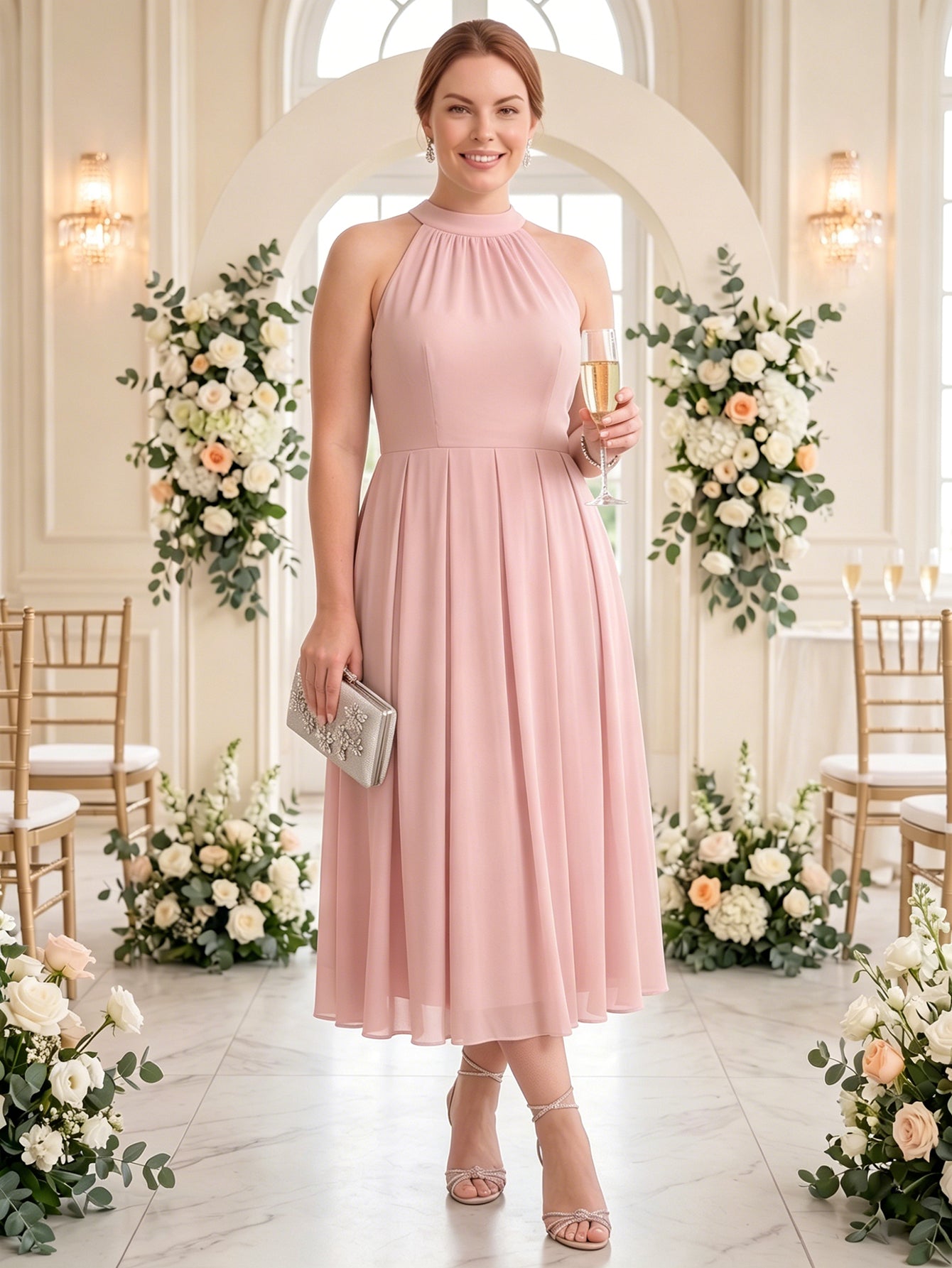 Larui Plus Size Women's Halter Neck Chiffon Dress