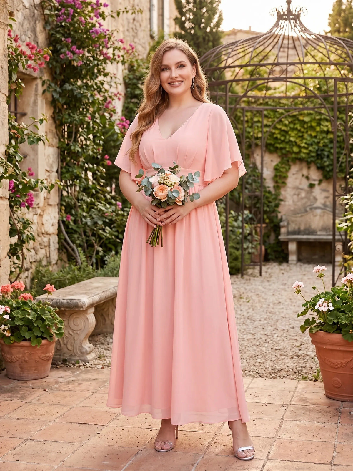 Larui Plus Size Women‘s V-Neck Chiffon Ruffles Sleeves Dress
