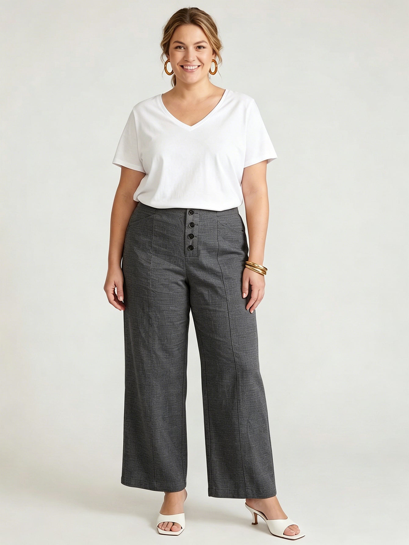 Larui Plus Size Women's Button-Down Wide-Leg Linen  Pants