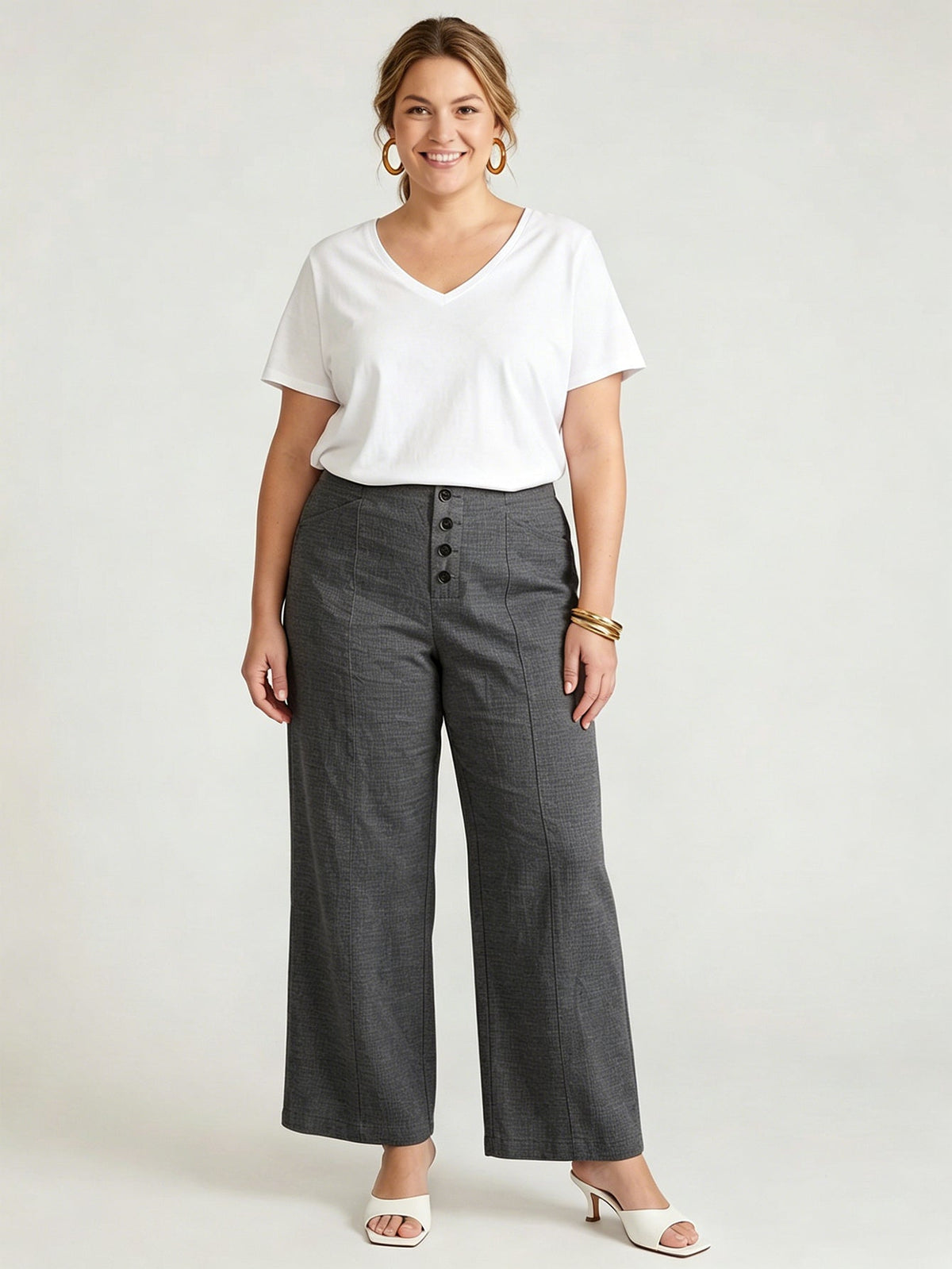 Larui Plus Size Women's ButtonDown Wide-Le-g Linen Pants