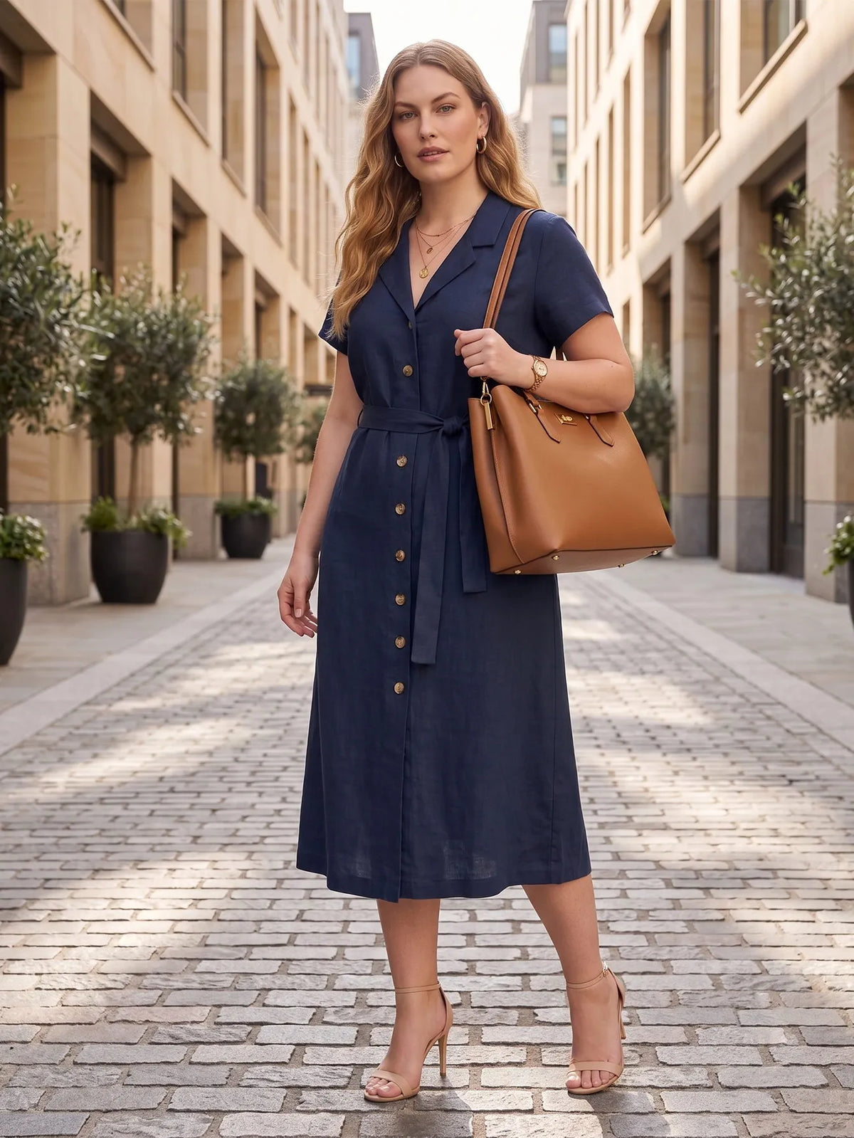 Larui Plus Size Women's Linen Dress With Belted