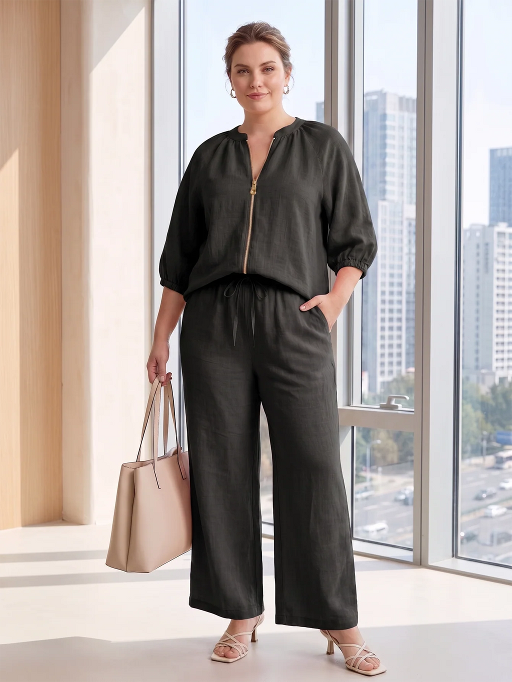 Larui Plus Size Women's Three-Quarter Sleeve Top and Pants Two-Piece Linen Set